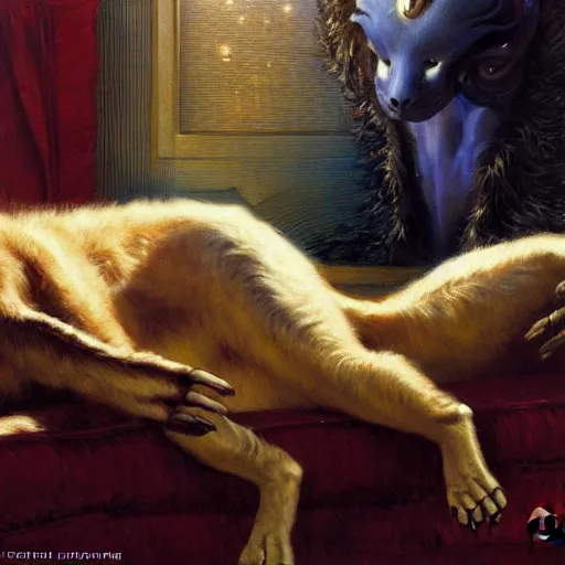 Image similar to a portrait of a furry alien sleeping on the couch. highly detailed painting by gaston bussiere, craig mullins, j. c. leyendecker, furry