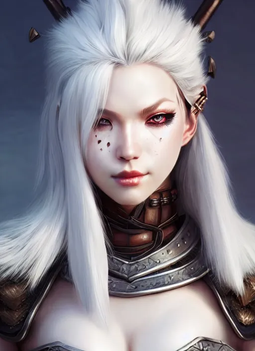 Image similar to barbarian, fur leather armor!!! beautiful and elegant white hair female!! gorgeous ayes!! character concept art, sharp focus, octane render! unreal engine 5! highly rendered!! trending on artstation!! detailed linework!! illustration by artgerm, wlop, and chie yoshii