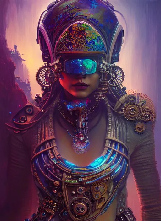 Prompt: hyper detailed ultra sharp of a aladdinpunk steampunk sci - fi vatika trending on artstation, warpaint aesthetic, earthwave, colorful, psychedelic, ornate, intricate, digital painting, concept art, smooth, sharp focus, illustration, art by artgerm and greg rutkowski and h. r. giger, 8 k