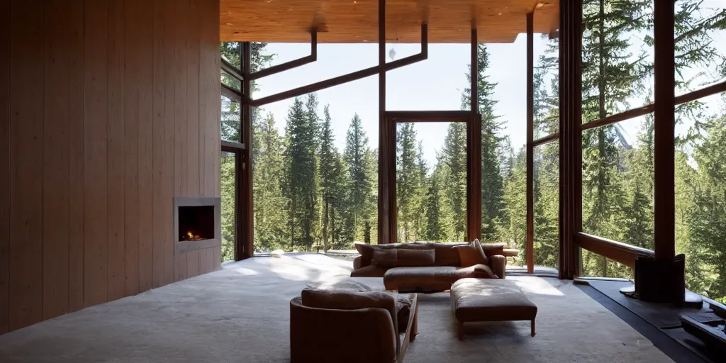 Prompt: large modern lodge residence, cascadian, concrete and cedar, many large windows, designed by olson kundig