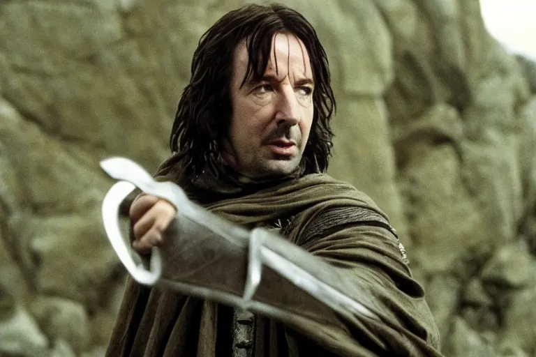 Prompt: Film still of Alan Rickman as Aragorn in the movie Lord of the Rings