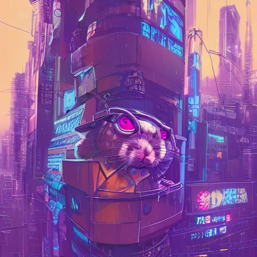 Prompt: high detailed anthropomorphic hamster in a cyberpunk rainy city at night by josan gonzalez, purple and blue neons, unreal engine, high quality, 4 k, uhd, trending on artstation, wires, blade runner vibes, ghost in the shell, akira, dorohedoro