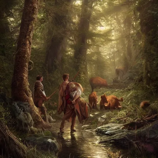 Image similar to cinematic shot our ancestors hunting an animal in the forest while there is rain and stars in the air digital painting, artstation, concept art, soft light, hdri, smooth, sharp focus, illustration, fantasy, intricate, elegant, highly detailed, D&D, matte painting, in the style of Greg Rutkowski and Alphonse Mucha and artemisia, 8k, highly detailed, jurgens, rutkowski, bouguereau, pastoral, rustic, georgic