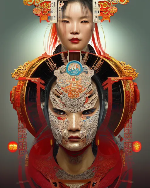 Image similar to portrait of a chinese cyberpunk machine, machine face, upper half portrait, decorated with chinese opera motifs, regal, asian, fine china, wuxia, traditional chinese art intricate intense elegant 京 剧 highly detailed digital painting artstation concept art smooth sharp focus illustration, art by artgerm and greg rutkowski alphonse mucha 8 k