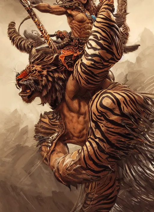 Image similar to a highly detailed illustration of a fierce tribal warrior wearing a tiger mane, heroically screaming into the sky pose, muscular, intricate, elegant, highly detailed, centered, digital painting, artstation, concept art, smooth, sharp focus, league of legends concept art by artgerm and donato giancola and Joseph Christian Leyendecker, WLOP
