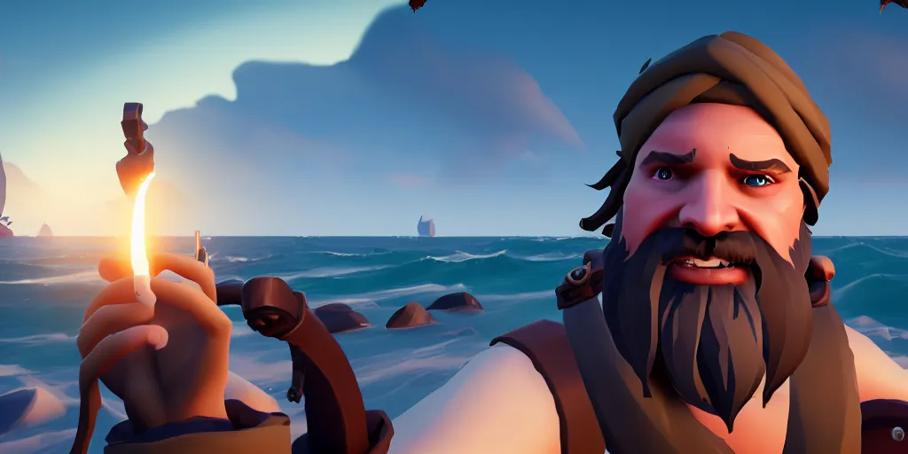 Prompt: selfie of a sea of thieves character, sea of thieves screenshot, storm, unreal engine, digital art, white beard, white hair, eye patch