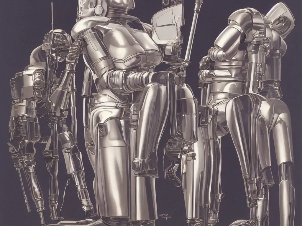 Prompt: a Royal portrait of chrome android woman as illustrated by Ralph Mcquarrie. 1991