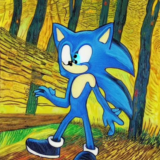 Image similar to sad ominous painting of detailed sonic the hedgehog in the woods at night, in the style of studio ghibli and moebius and claude monet and vincent van gogh