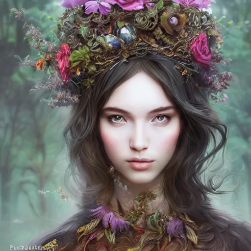 Image similar to A masterpiece portrait of a Incredibly beautiful queer druid girl . The Queen of the Forest.medium shot, intricate, elegant, highly detailed. trending on artstation, digital art, by Stanley Artgerm Lau, WLOP, Rossdraws, James Jean, Andrei Riabovitchev, Marc Simonetti, Yoshitaka Amano