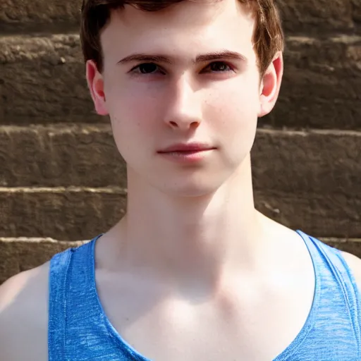 Image similar to Portrait of a 21 yo boy with natural brown hair, smooth pale skin. Net fischer net tank top. Detailed face. Blue sky.