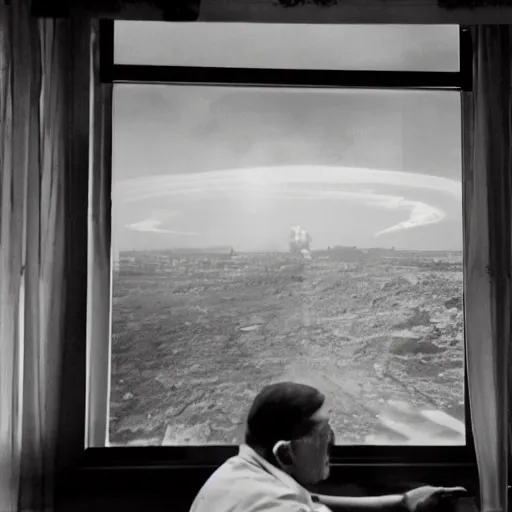 Image similar to Mr. House looks at the nuclear explosion from the window of the Lucky 38 Casino and smokes a cigar; ultra HD, realistic, retro, 45mm, elegant