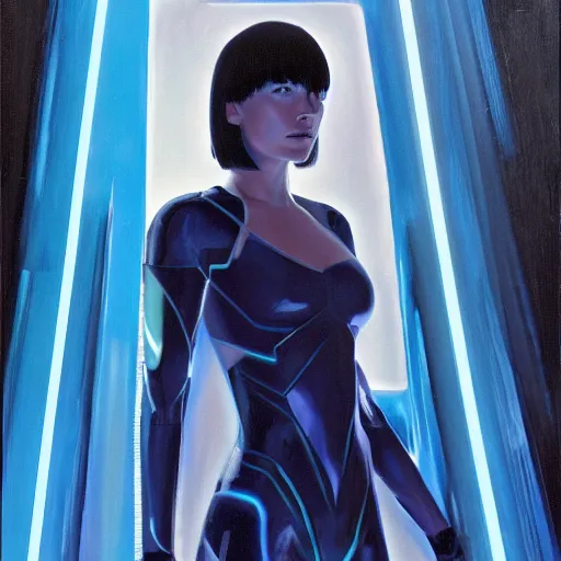 Image similar to olivia wilde as quorra, black bob cut hair, tron legacy setting, close - up, intricate details, mysterious feeling, crisp, vivid colors, blue filter, by gregory manchess, oil on canvas, 8 k