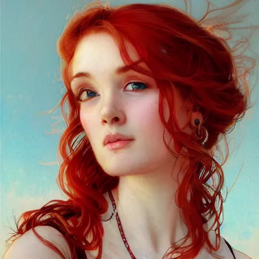 Image similar to highly detailed closeup portrait of beautiful woman with red hair, very detailed, realistic, card, by Stanley Artgerm Lau, greg rutkowski, thomas kindkade, alphonse mucha, loish, norman rockwell J.