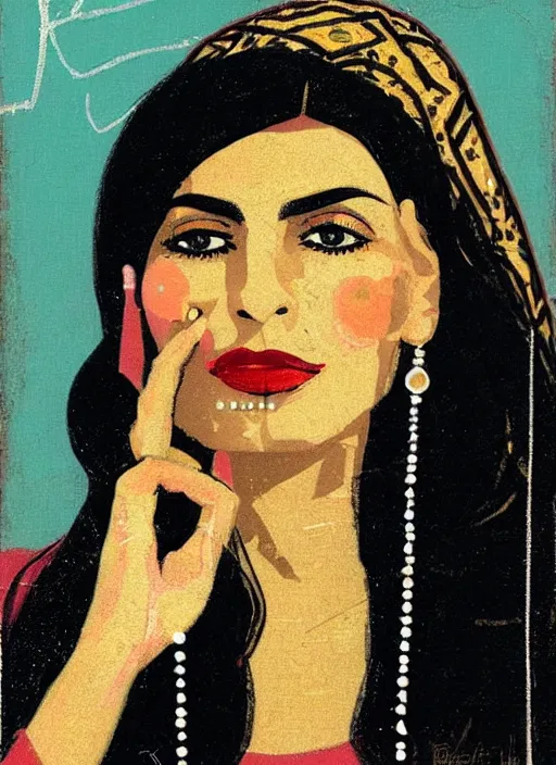 Image similar to an extreme close - up portrait of an ancient persian jewelry saleswoman in a scenic representation of mother nature and the meaning of life by billy childish, thick visible brush strokes, shadowy landscape painting in the background by beal gifford, vintage postcard illustration, minimalist cover art by mitchell hooks