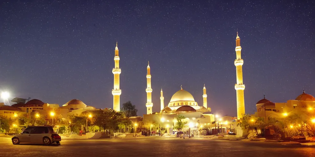 Image similar to stary night, mosque, tower, house, city