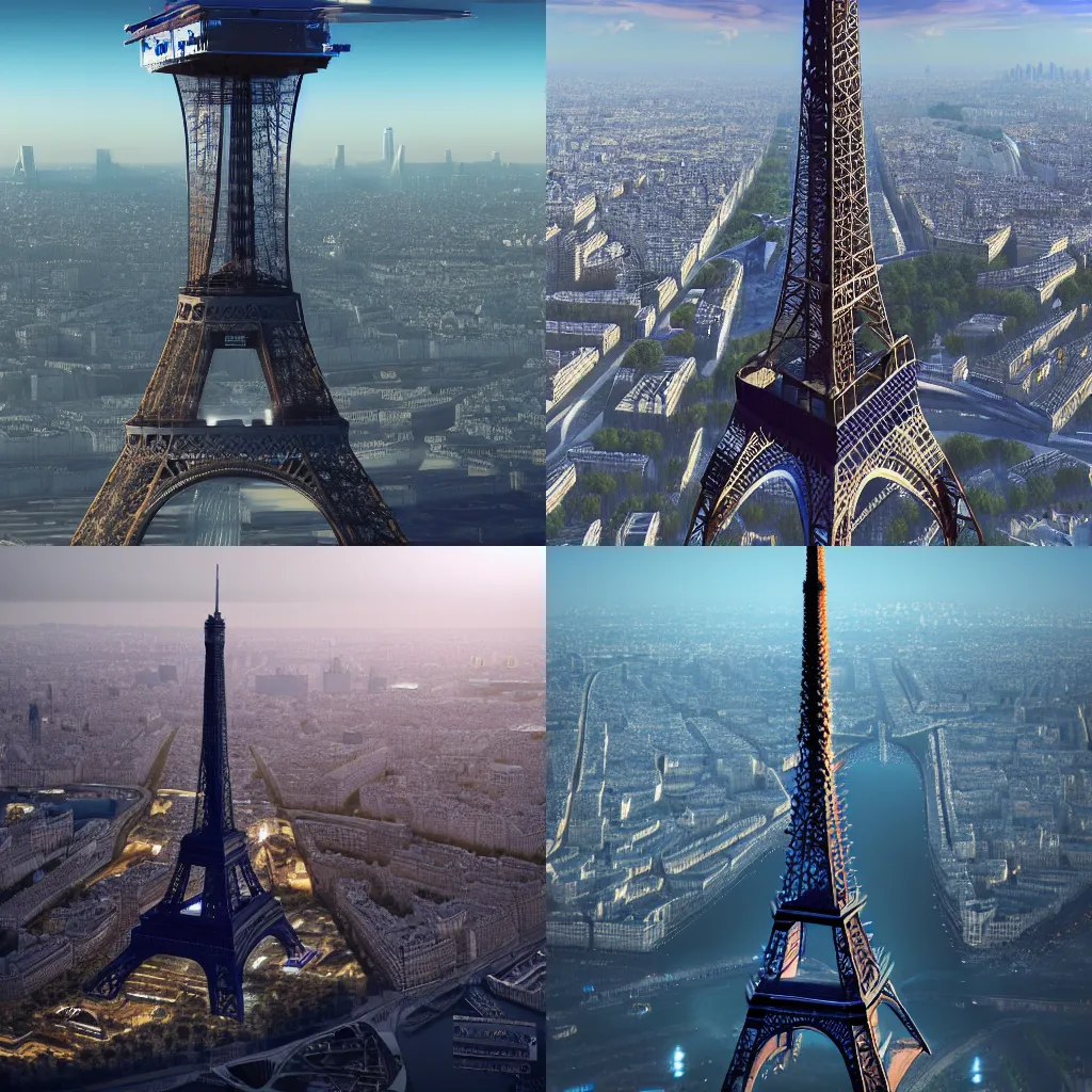 Prompt: a cybernetic space elevator built into the Eiffel Tower and Paris skyline, artstation, cgsociety, 8k