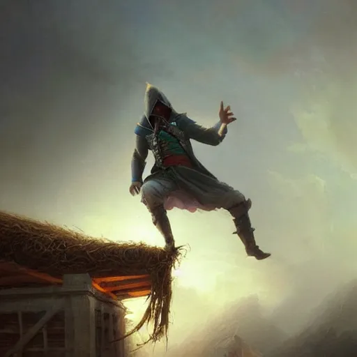 Image similar to ezio standing on a house falling into the hay bale made by ivan aivazovsky, peter mohrbacher, greg rutkowski volumetric light effect broad light oil painting painting fantasy art style sci - fi art style realism premium prints available artwork unreal engine