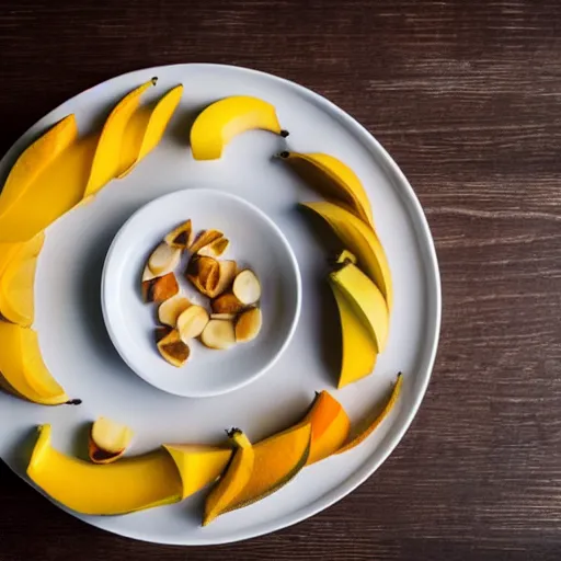 Image similar to beautiful photo of a sailing ship made from mango, bananas and apple pieces on a white plate, dslr