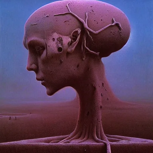 Image similar to highly detailed dystopian surreal painting of eerie head statues and buildings by zdzisław beksinski