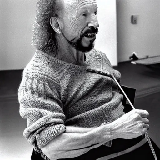 Prompt: Diamond Dallas Page knitting!!, candid photograph by Annie Leibovitz.