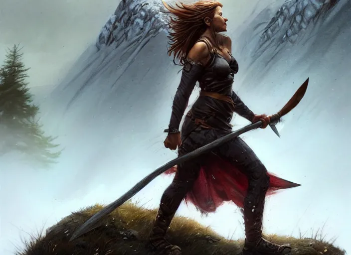 Prompt: a warrior, female, she carries an axe, the axe is resting on her shoulder, she is grabbing a nearby tree, looking onto the horizon, a big wolf is next to her, fall, mountain landscape, portrait by magali villeneuve and ames jean and artgerm and greg rutkowski, 4 k, artstation, realistic, cinematic composition, d & d