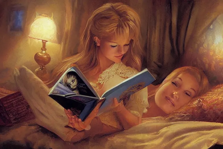 Image similar to portrait of young dolly parton reading a bedtime story to jim morison in bed, an oil painting by ross tran and thomas kincade