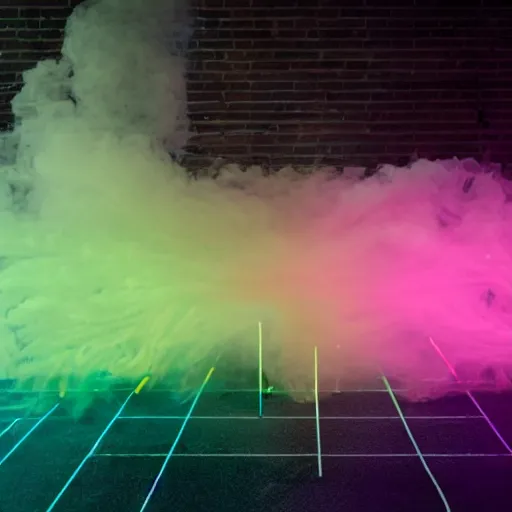 Image similar to muted-neon-color-smoke wisps waft on a current of air through a low energy cluttered parlor and coalesce onto the floor into a close-up outline reminiscent of a high-energy racing horse crossing the finish line.