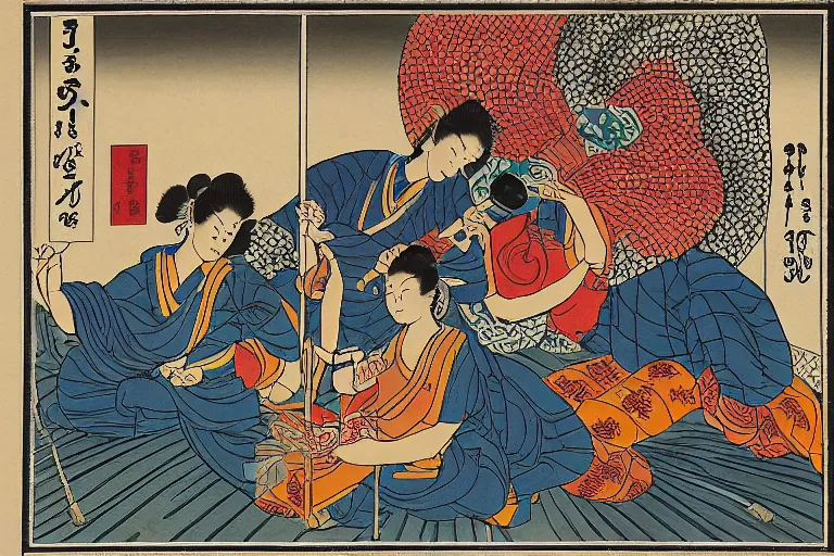 Image similar to sri lankan fuel line, in the style of ukiyo-e