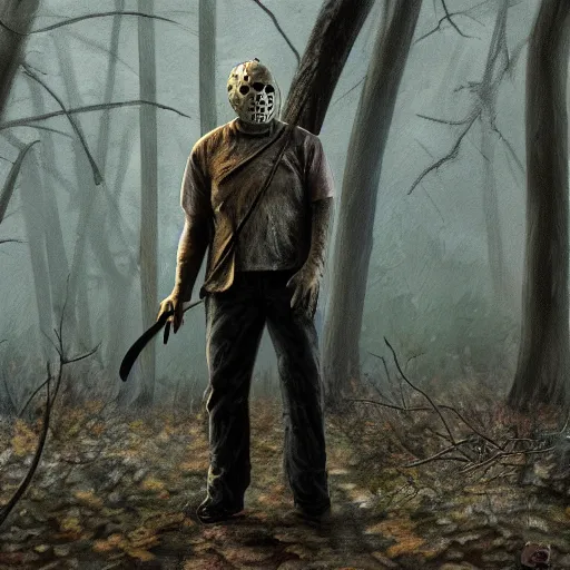 Image similar to A painting image of Jason Voorhees in the woods foggy very detail 4K quality super realistic