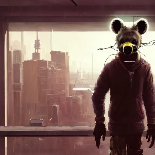 Image similar to new york city portrait of furry anthro anthropomorphic spotted hyena head animal person fursona wearing clothes strange cybernetic muzzle gloomy rainy screenshot from the video game cyberpunk 2077 digital art by Greg Rutkowski, Simon Stalenhag, christopher nolan trending on Artstation, CGSociety