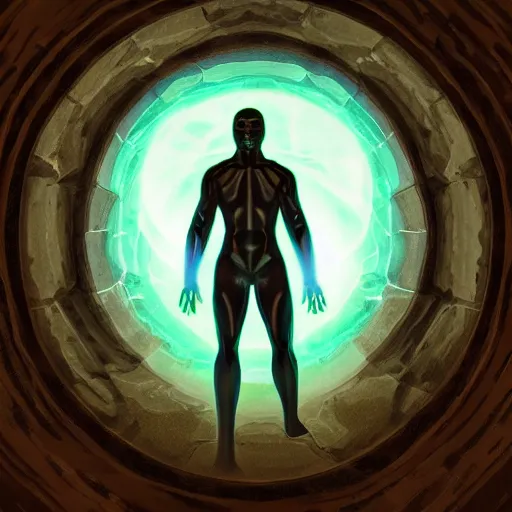 Prompt: An ultra detailed digital illustration of a figure standing infront of a portal. Inside the portal two enormous hands emerge, art by robbie trevino, trending on artstation,