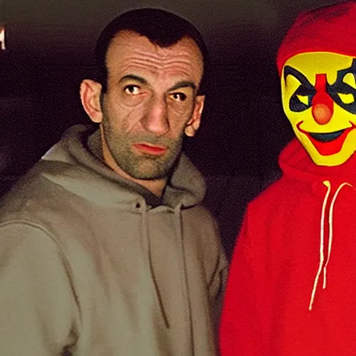 Prompt: grainy film still of niko bellic and a man wearing a red hoodie and a plastic clown mask from the dark knight returns's bank robbery scene, photorealistic