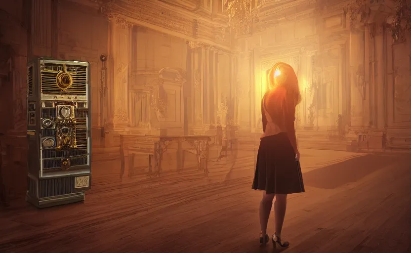 Image similar to A women standing in front of a giant baroque computer asking it to generate an image of what she are about to say, digital painting, golden hours, blender, volumetric lighting
