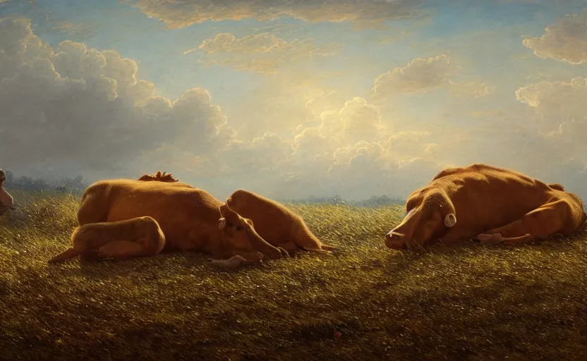 Image similar to a two headed brown calf ( ( laying down alone ) ) in a pasture, windy, stoic, modern, cgsociety, hyperdetailed, dramatic, stars, epic painting, shooting stars, painted by jean honore fragonard and greg rutkowski, full body, octane render, sharpness, 8 k, golden ratio