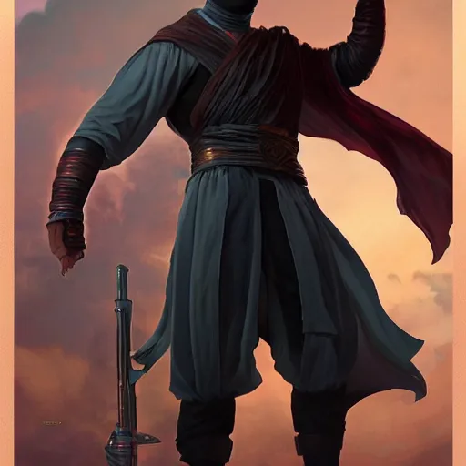 Prompt: character concept, wide angle, full body, symmetrical head - on centralized, young arabic man with dark ninja clothes. detailed, high quality, dynamic lightning, fantasy, scenematic. artwork by artgerm, wlop, alex ross, greg rutknowski, alphonse mucha