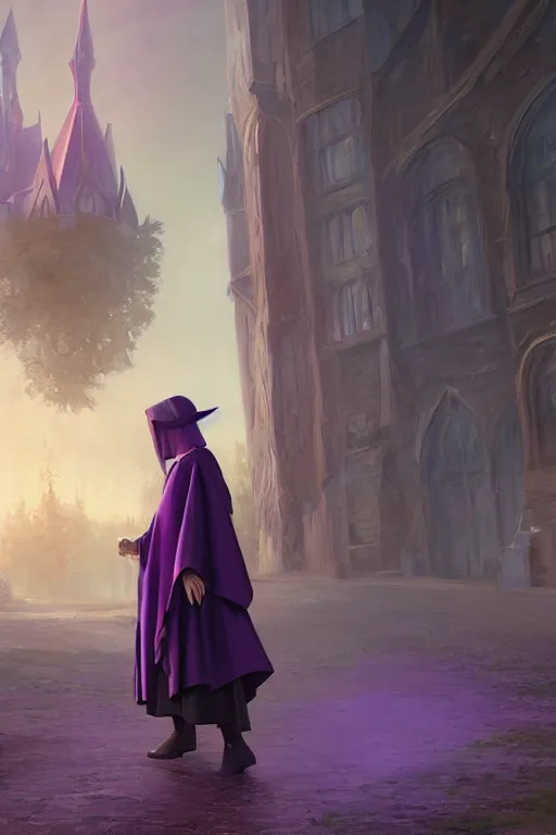 Prompt: Young beautiful short woman in purple witch robes and pointy hat at a university, full body shot unreal engine hyperreallistic render 8k character concept art masterpiece digital art by Greg Rutkowski, Simon Stalenhag, trending on Artstation, CGSociety