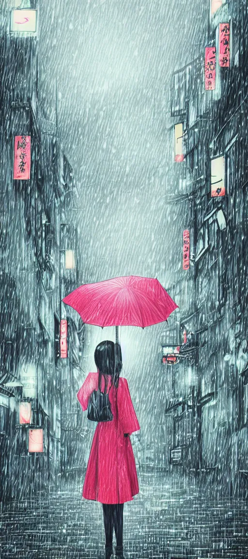 Image similar to beautiful drawing style, girl holding umbrella, contrast, visible rain, vaporware cartoon japan background, kawaii rainy gloomy, rainy night