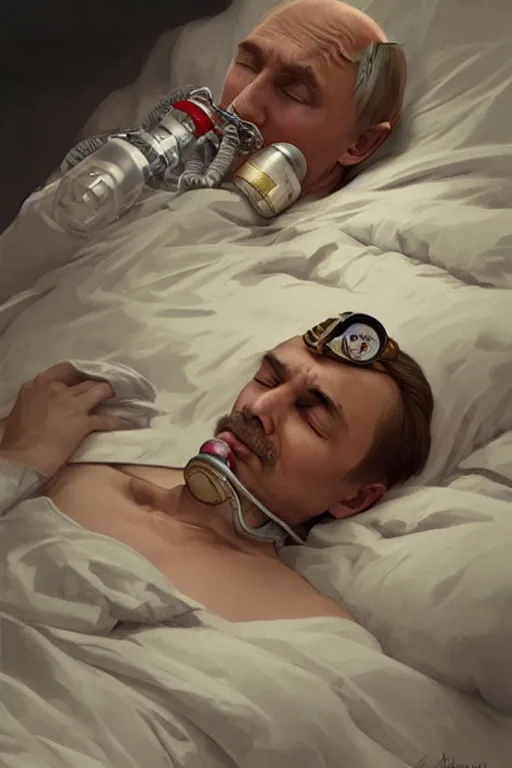 Image similar to Putin sleeps with oxygen mask on a death bed, intricate, portrait, miserable, highly detailed, digital painting, artstation, concept art, smooth, sharp focus, illustration, cinematic lighting, art by artgerm and greg rutkowski and alphonse mucha