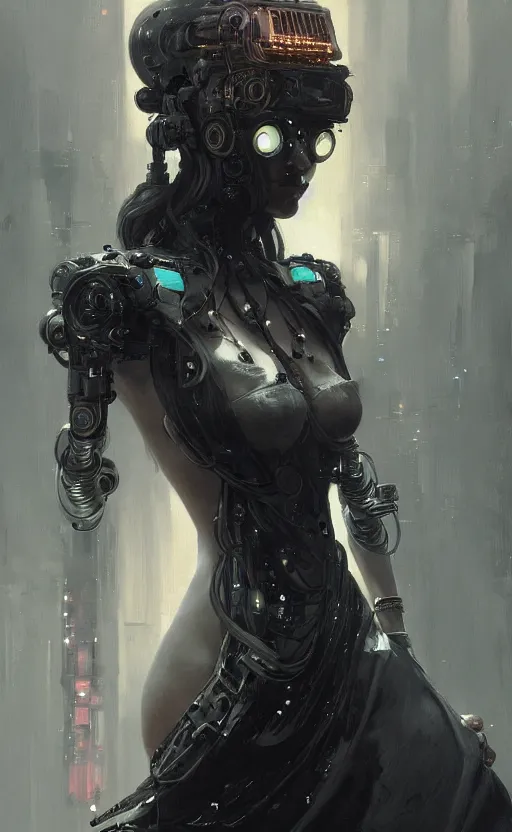 Image similar to a dark beautiful painting of a crowned robotic cyberpunk princess in a flowing gown, intricate, elegant, highly detailed, digital painting, artstation, concept art, by krenz cushart and artem demura and william adolph bouguereau