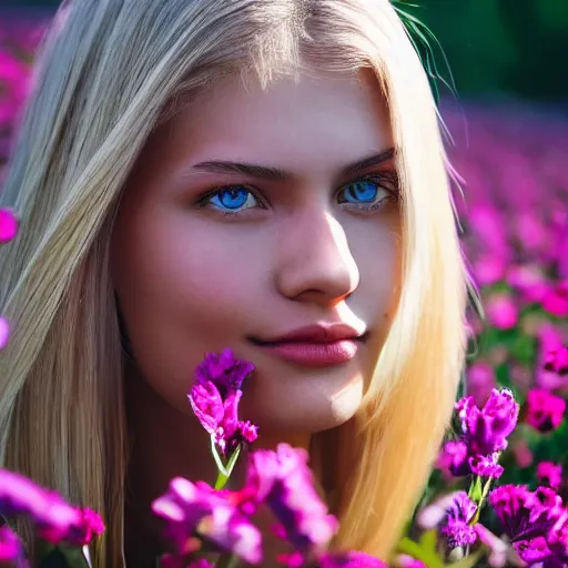 Image similar to photo of very attractive very beautiful very slim blonde girl ,face close-up,20years old,spotless skin,in a flowery field,very high detail,sharp, 35mm art lense, award winning, magazine cover, golden hour