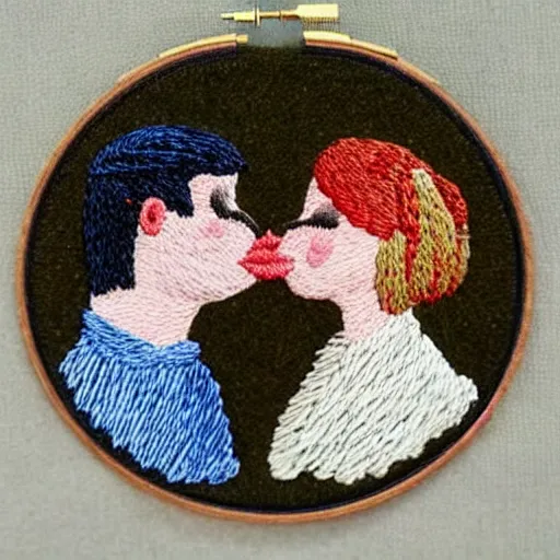 Prompt: a tiny beautiful handmade embroidery of a couple kissing. hand embroidery.