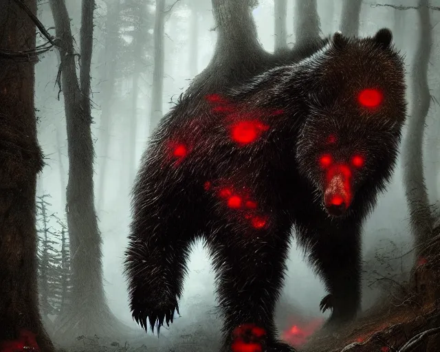 Image similar to 5 5 mm portrait photo of an armored demonic undead rotting bear with red eyes looking at the camera, in a magical forest. magical atmosphere. art by greg rutkowski and luis royo. highly detailed 8 k. intricate. lifelike. soft light. nikon d 8 5 0.