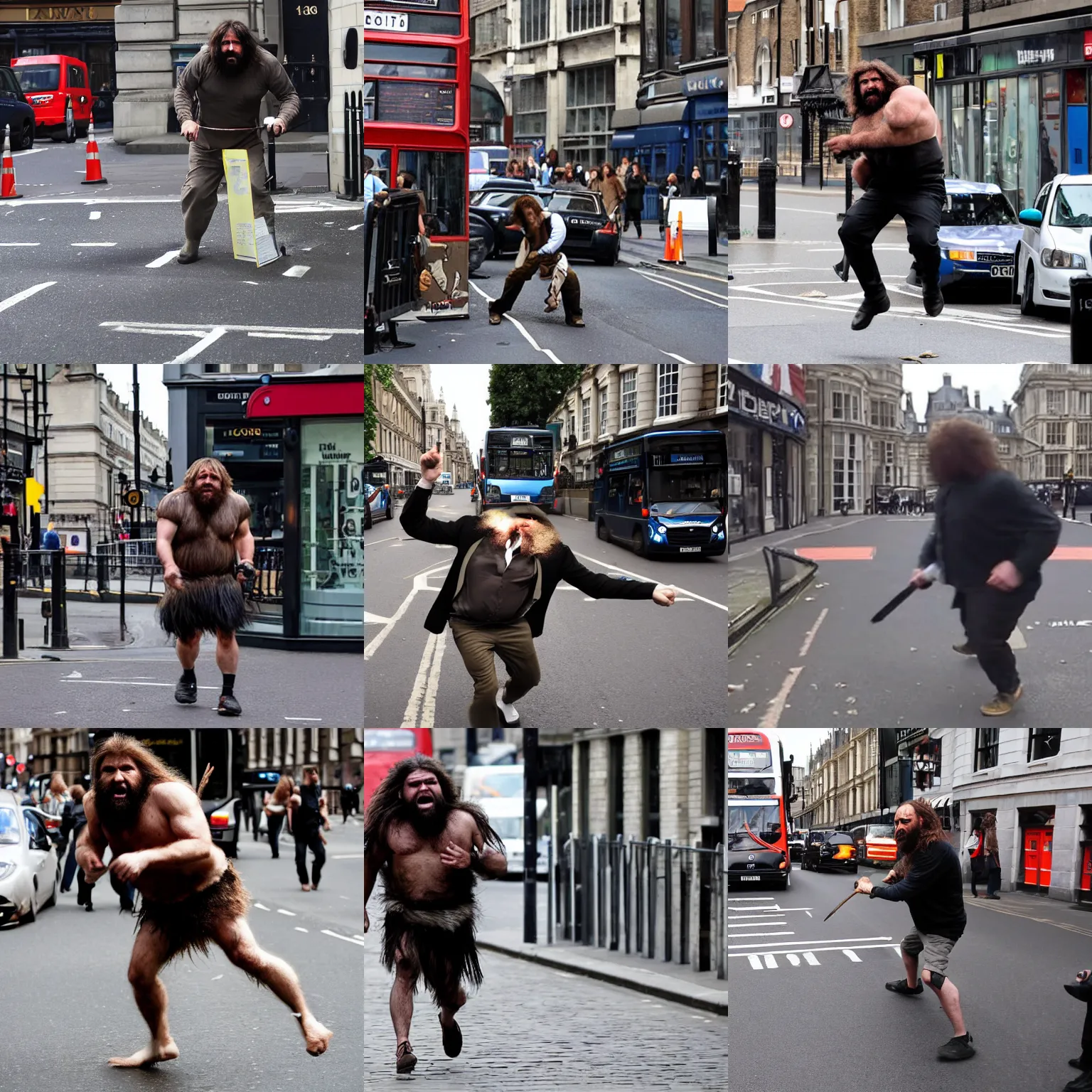 Prompt: Caveman destroying the streets of London breaking news