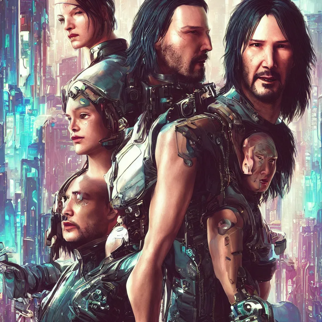 Image similar to a cyberpunk 2077 srcreenshot couple portrait of Keanu Reeves and female android final kiss,love,film lighting,by Laurie Greasley,Lawrence Alma-Tadema,Andrei Riabovitchev,Dan Mumford,John Wick,Speed,Replicas,artstation,deviantart,FAN ART,full of color,Digital painting,face enhance,highly detailed,8K,octane,golden ratio,cinematic lighting