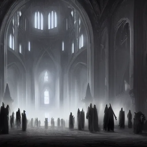 Image similar to a detailed matte painting of a cabal of high priests in black robes with black eyes, concept art, evil cathedral, incense smoke drifting through the air, portrait, artstation, volumetric lighting, exquisite detail, octane render, 8 k postprocessing