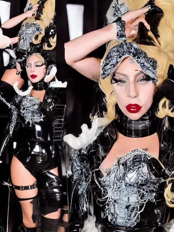 Image similar to Lady Gaga wearing latex crazy outfit Met Gala photoshoot