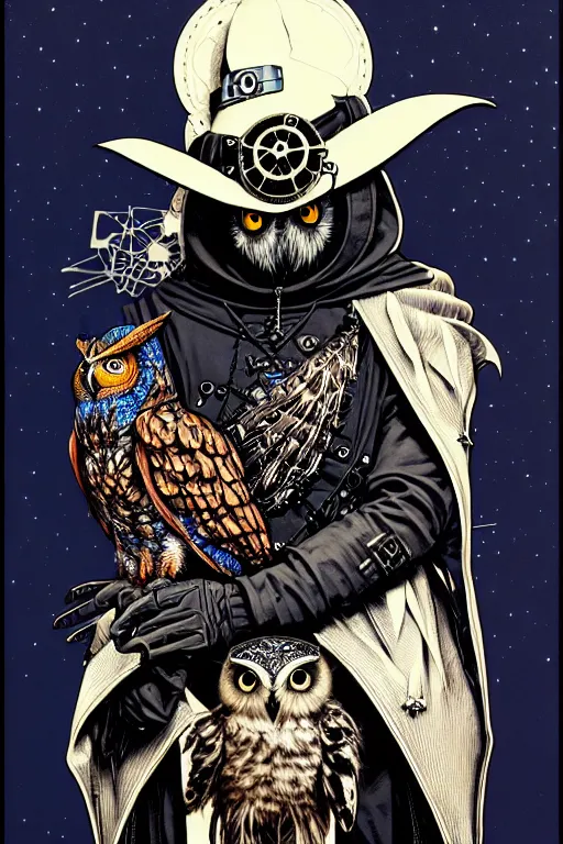 Image similar to side view of a hooded steampunk alchemist wizard holding his majestic owl on glove, high details, bold line art, by vincent di fate and joe fenton, inking, etching, screen print, masterpiece, trending on artstation, sharp, high contrast, hyper - detailed,, hd, 4 k, 8 k