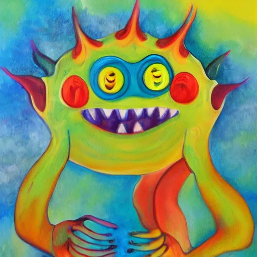 Prompt: smiling monster, painting by lilly pavlova