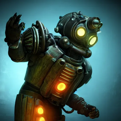 Image similar to isaac clarke as a bioshock big daddy, unreal engine 5, bioshock deadspace, high detail 3 d render,