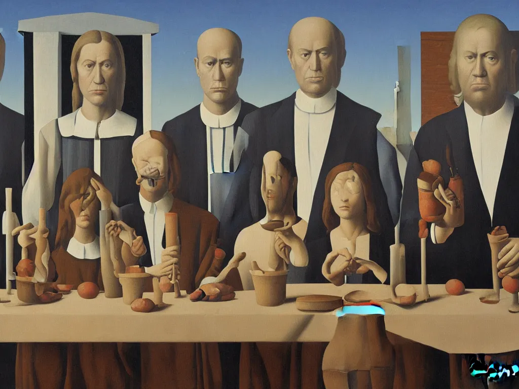 Prompt: last supper painting magritte, renaissance, american gothic